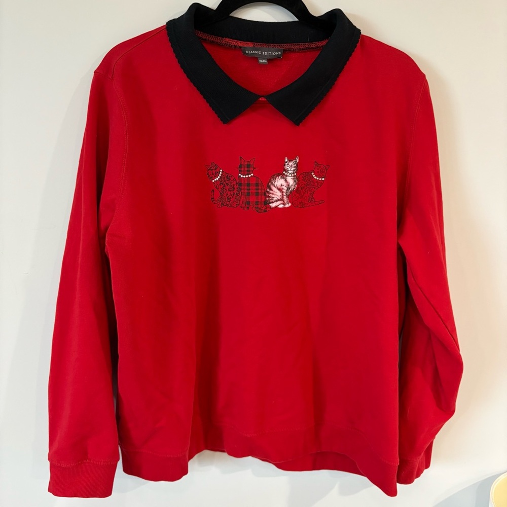 VINTAGE Red Collared Bedazzled Cat Sweater